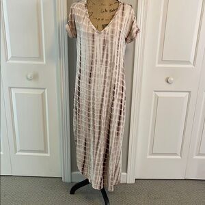 Cream and brown Midi Sundress with V-Neck and Cuffed Cap Sleeves (with pockets)
